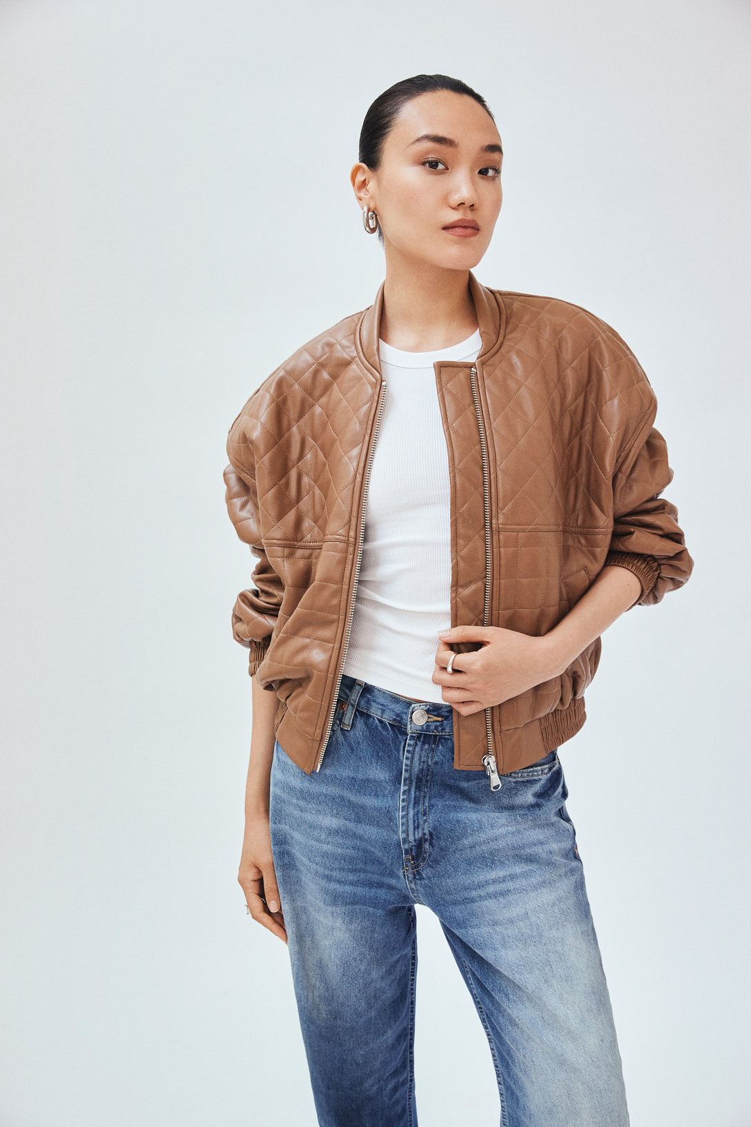 Brown Vegan Leather Bomber Jacket