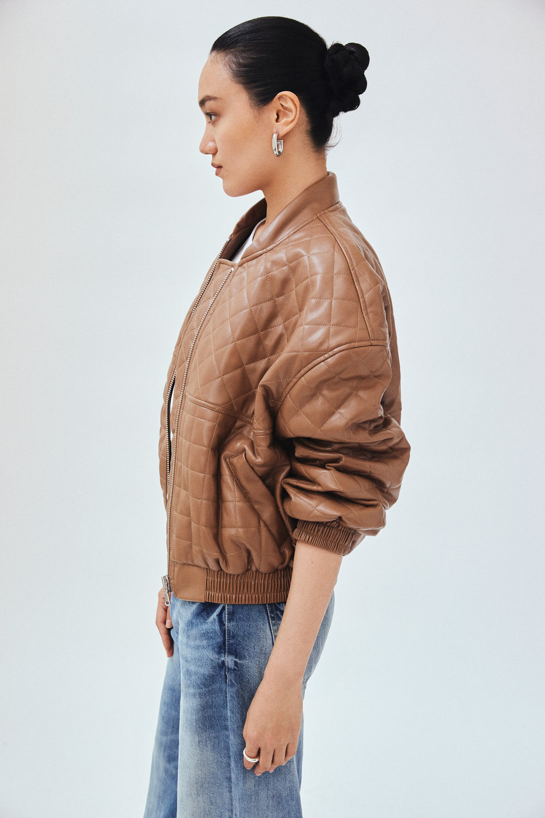 Brown Vegan Leather Bomber Jacket