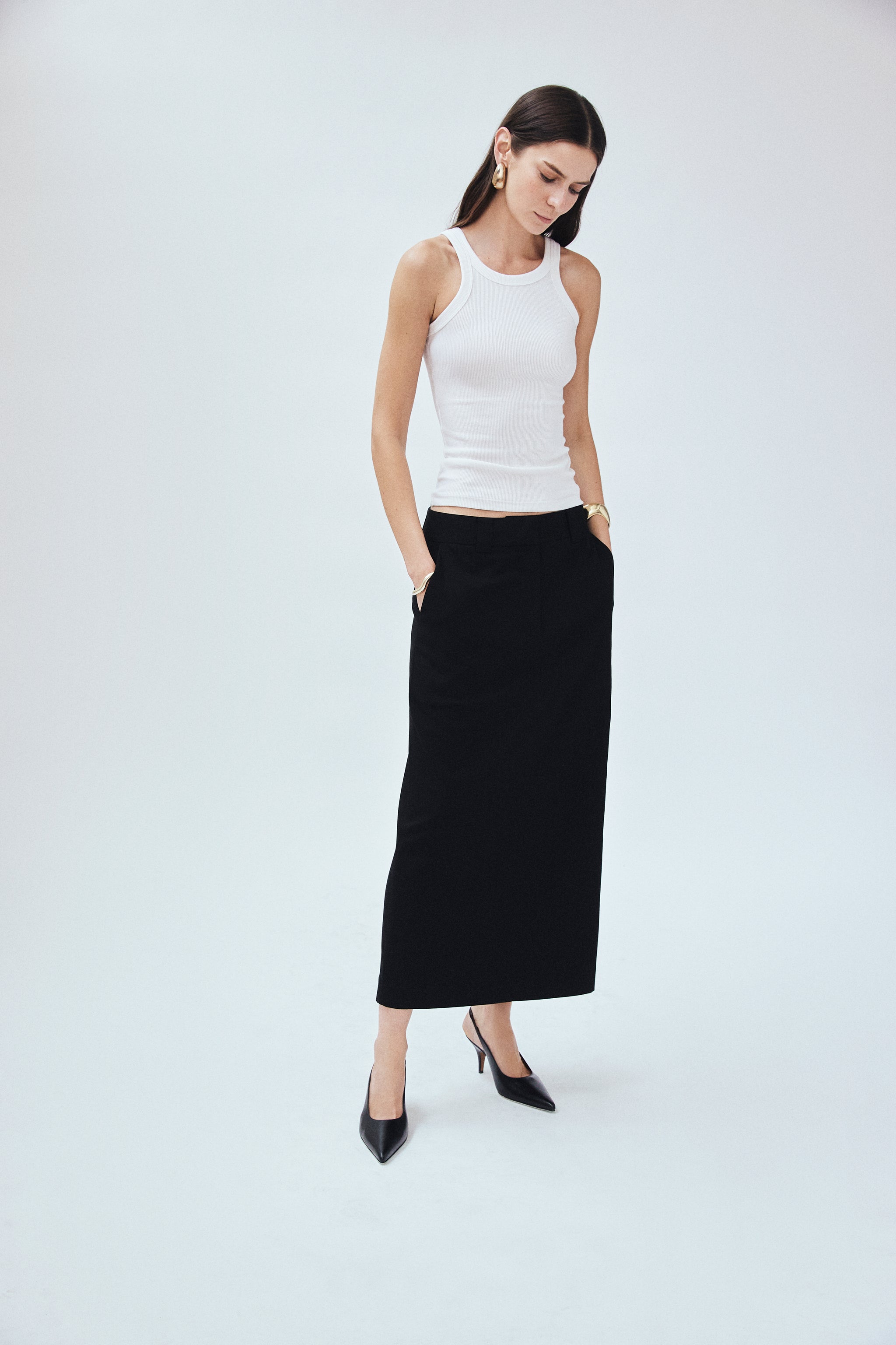 Black Twill Column Maxi Skirt