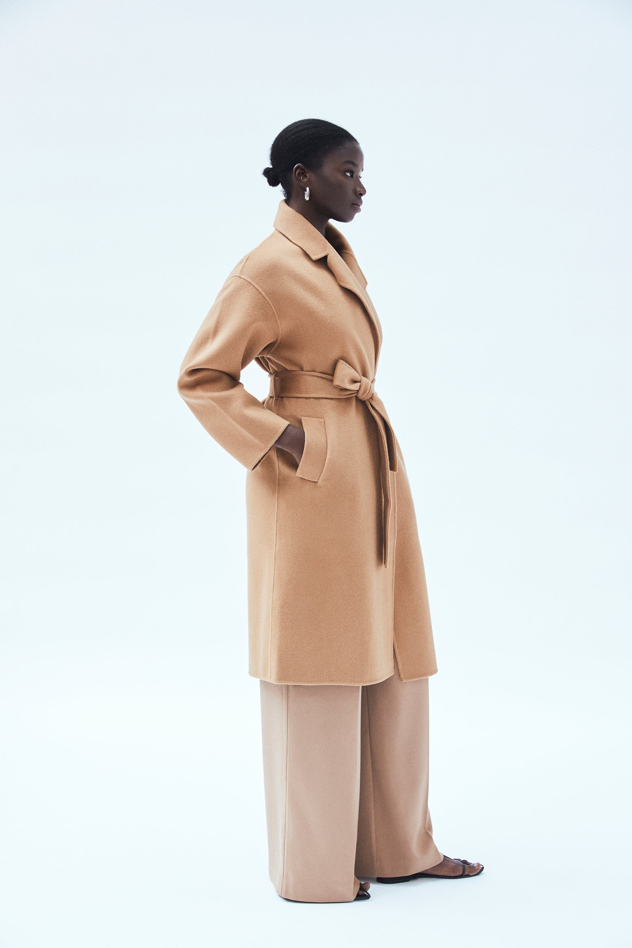 wool cashmere double-faced wrap coat in camel