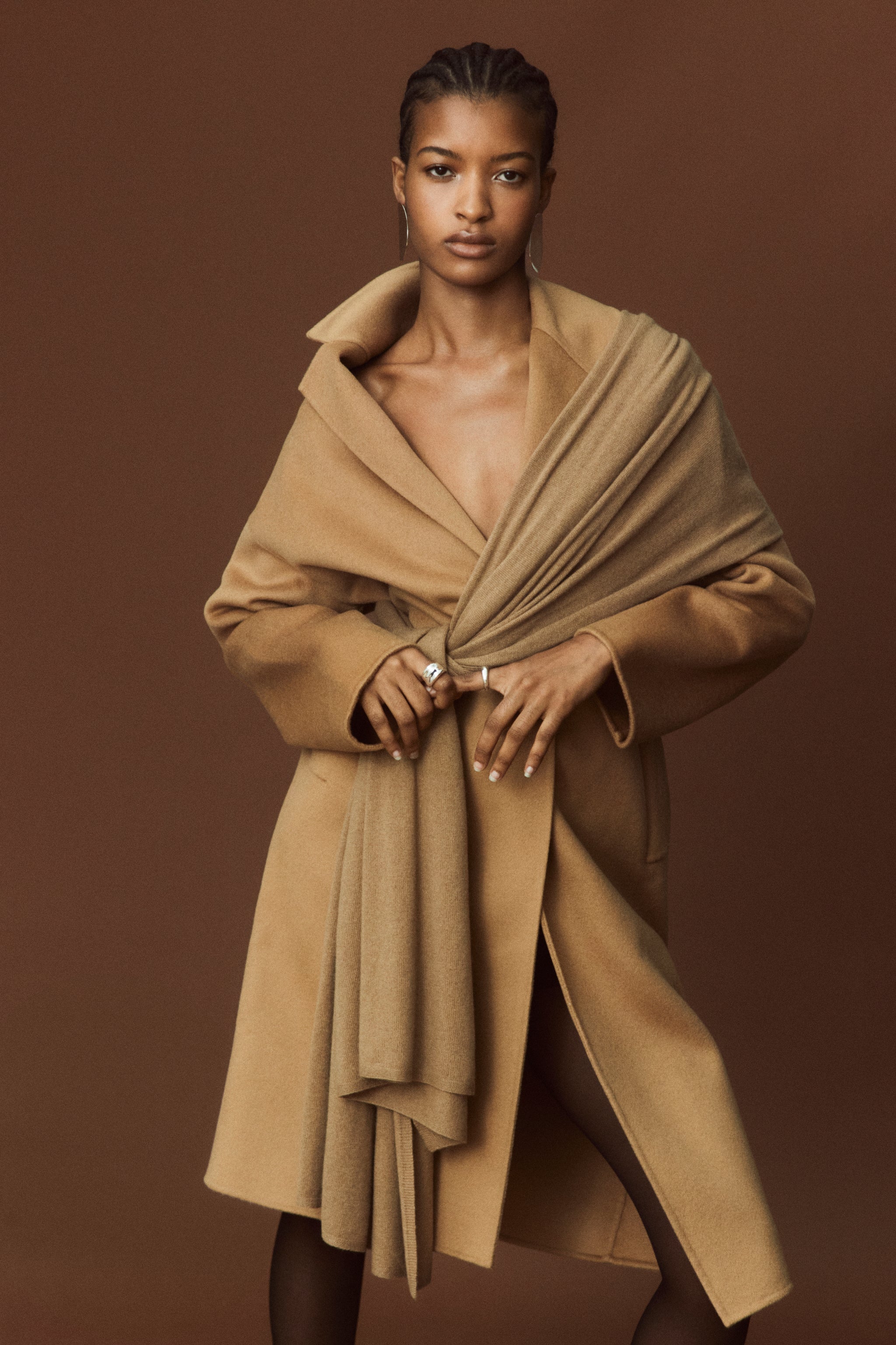 wool cashmere double-faced wrap coat in camel