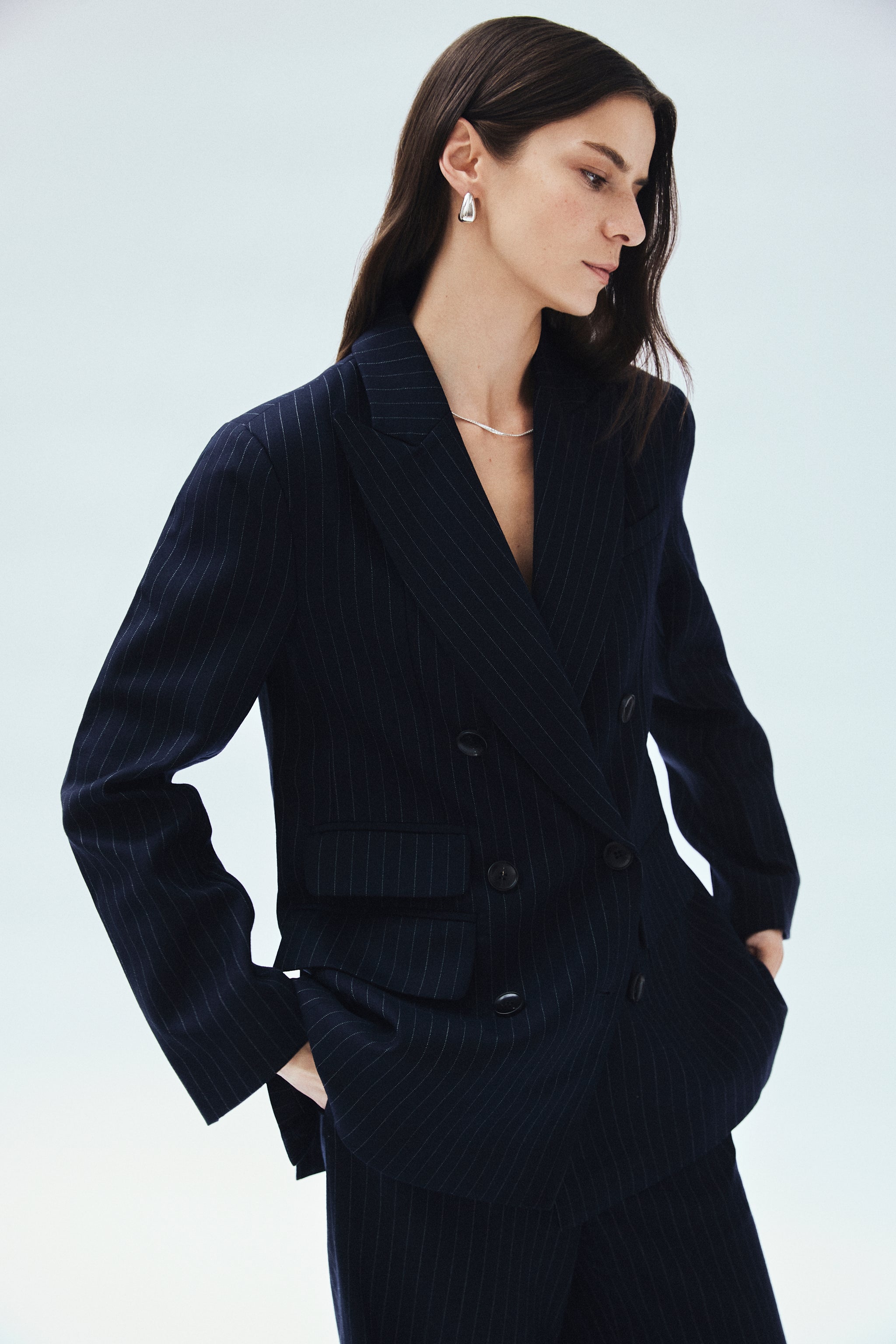 Pinstripe Wool Twill Double Breasted Blazer