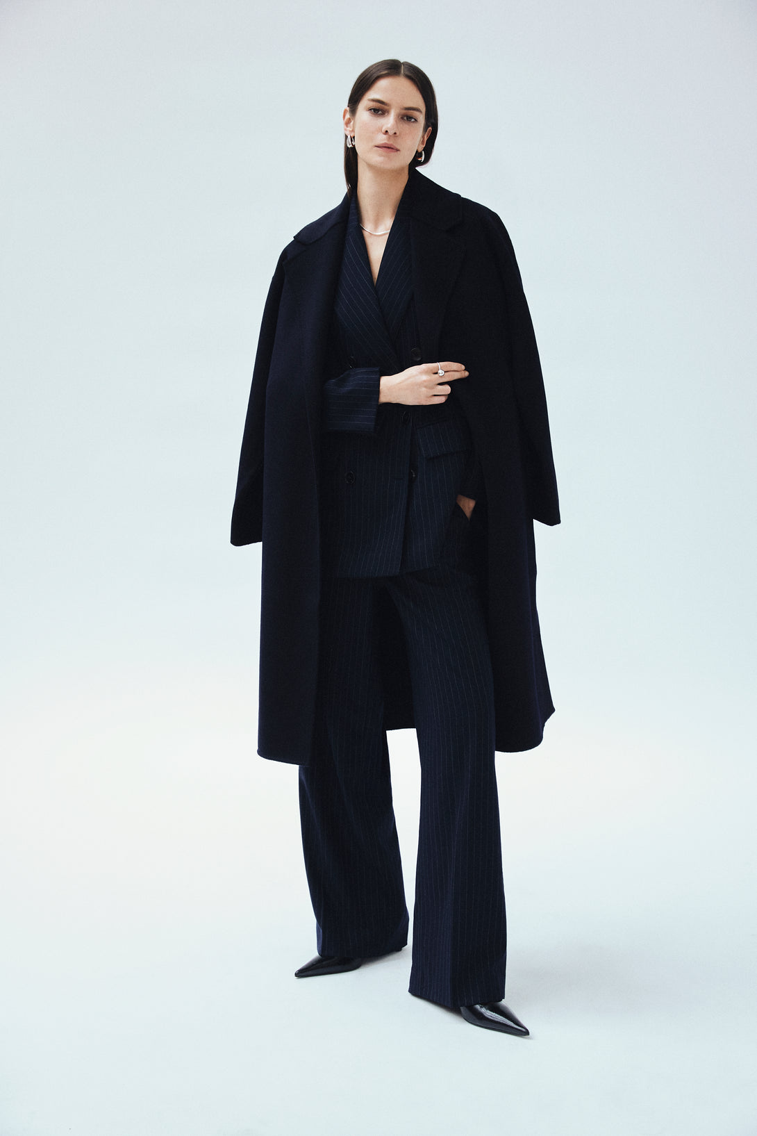 wool cashmere double-faced wrap coat in navy