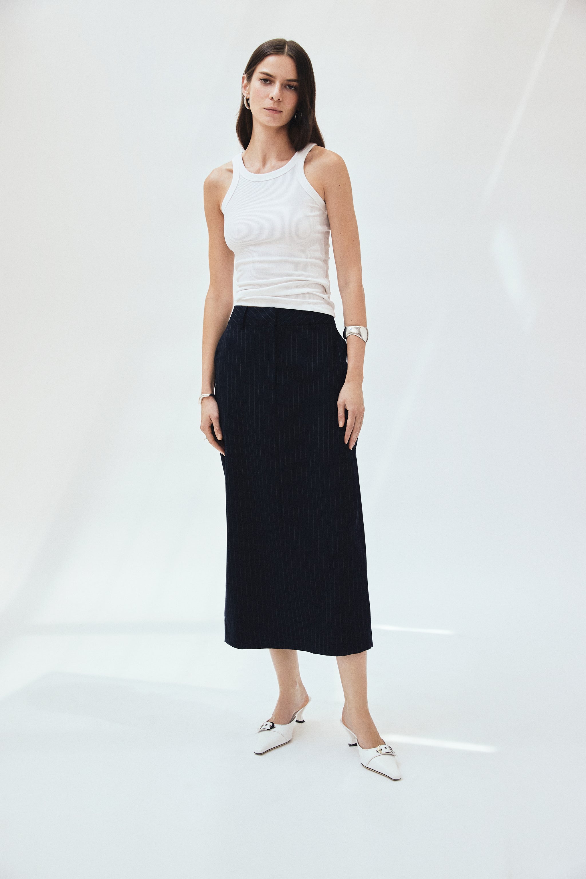 Pinstripe Wool Twill Column Maxi Skirt