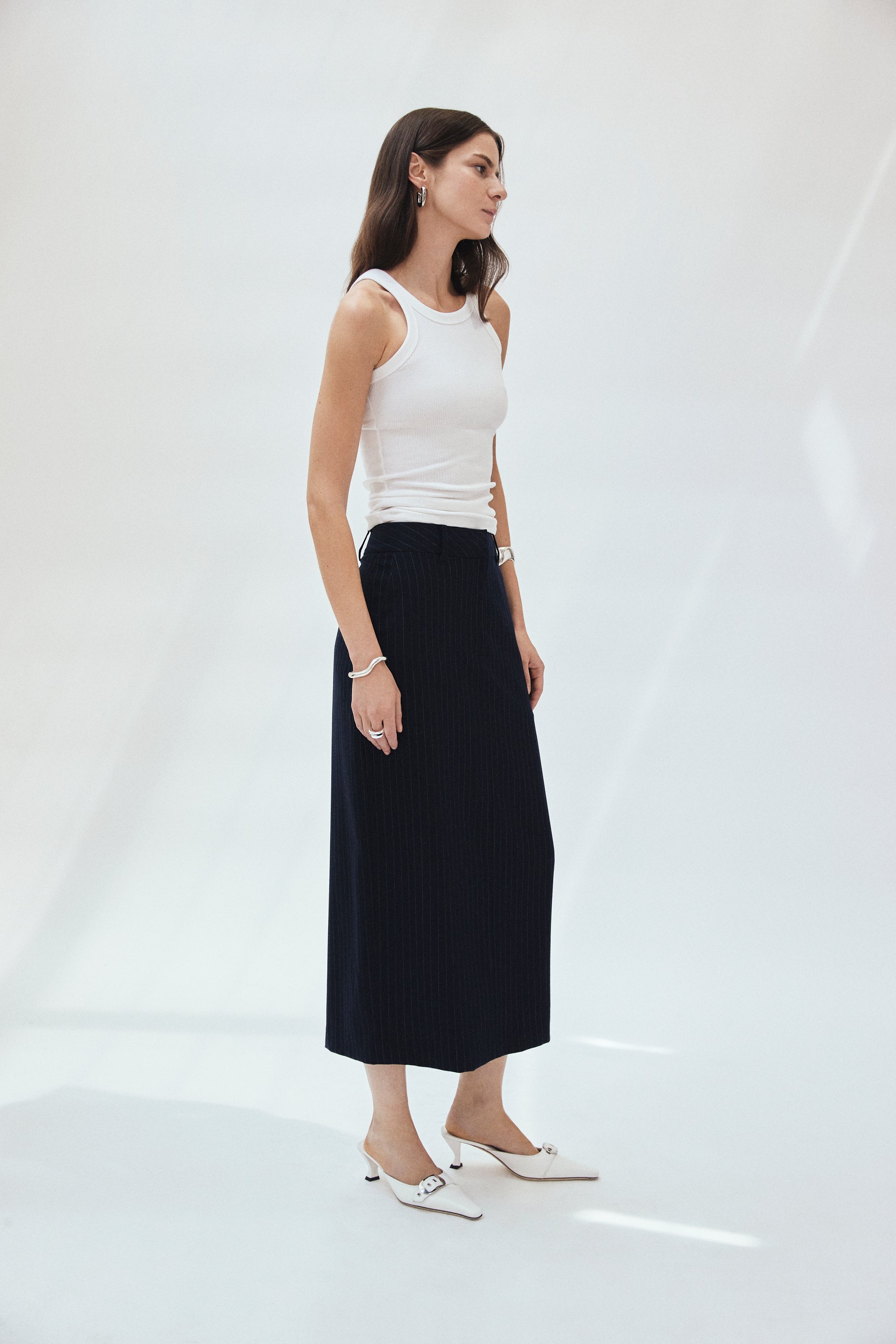 Pinstripe Wool Twill Column Maxi Skirt