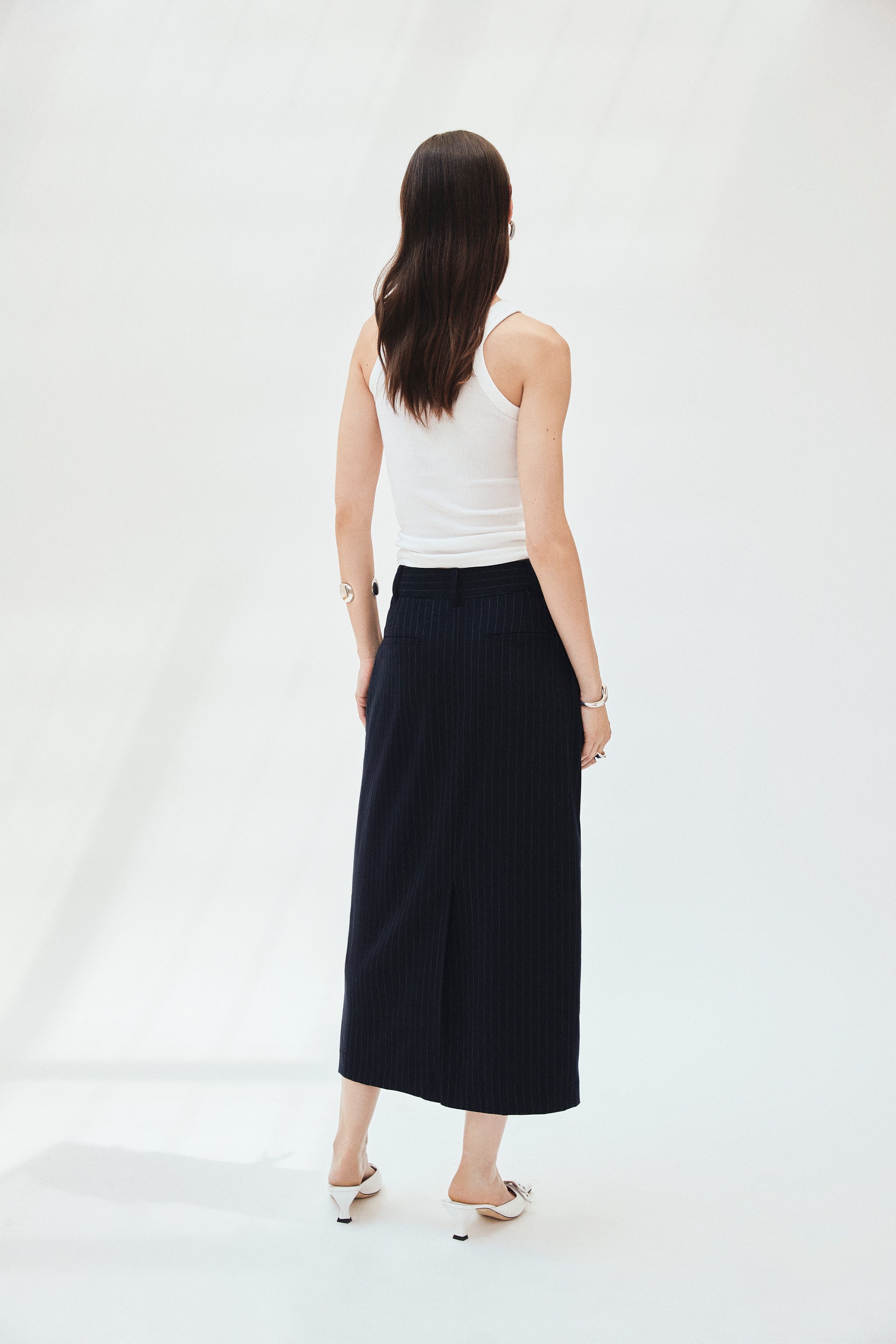 Pinstripe Wool Twill Column Maxi Skirt